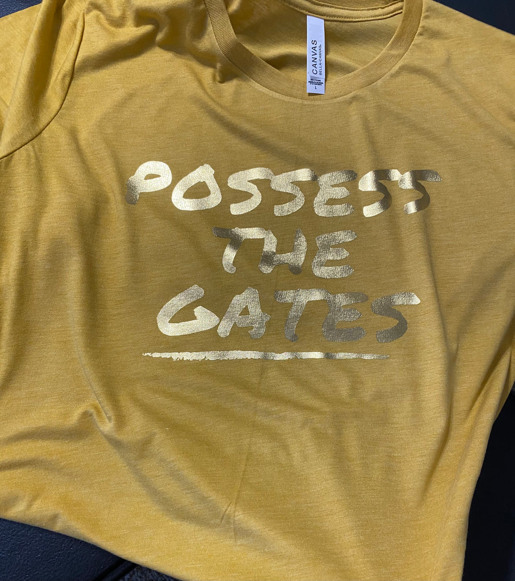 Possess The Gates Mustard & Gold Metallic Tee